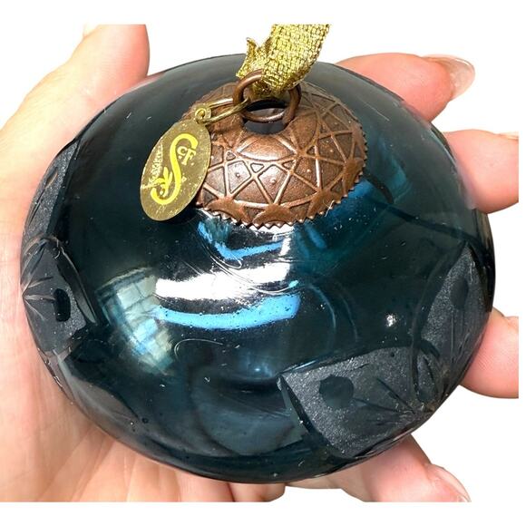 Seasons of Cannon Falls Glass Christmas Ornament Blue Teardrop Flower Etch Bulb - Picture 5 of 6